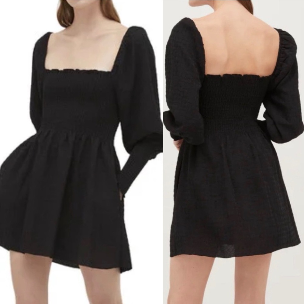 Hill House The Grace Mini Nap Dress Smocked Wrist Bodice Black Size Tag Missing‎